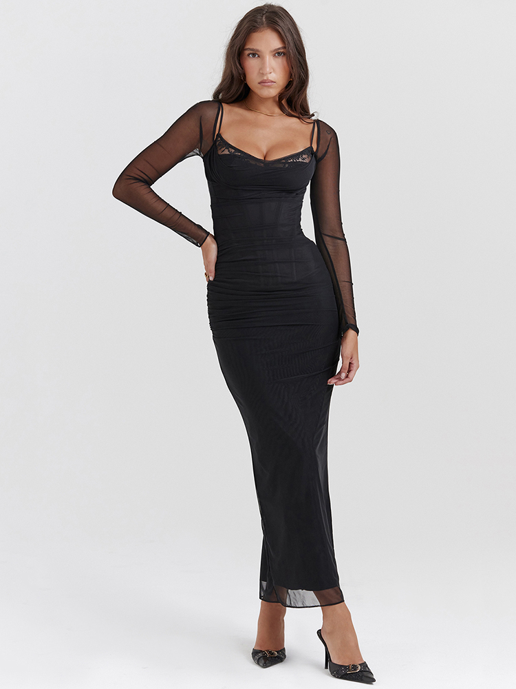 Sexy Mesh Sheer Bodycon Dress - فستان ماكسي أنيق شفاف بأكمام طويلة