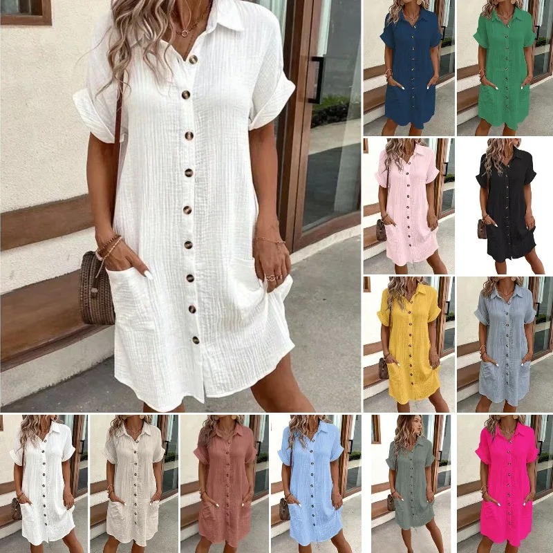 Casual Loose Linen Shirt Dress - فستان نسائي عصري كاجوال من القطن