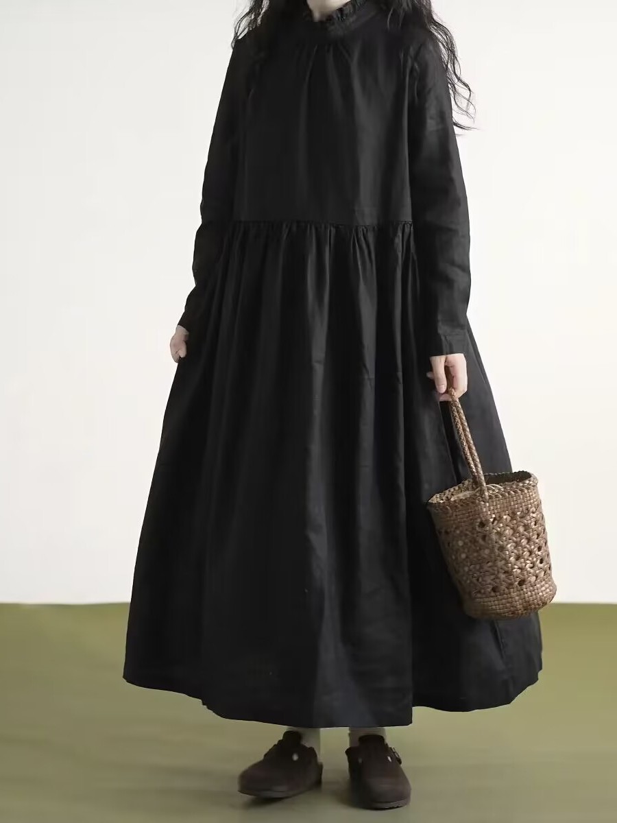 فستان كتان أسود بياقة دانتيل و - مراجعة Casual Loose Linen Shirt Dress وسعره